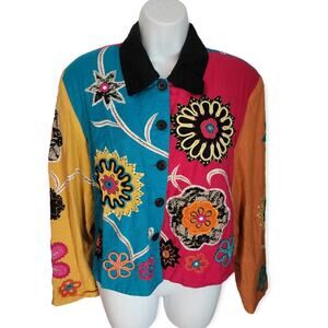 Vintage Tunique Colorful 90s Embroidered Floral Cropped Jacket Size Medium